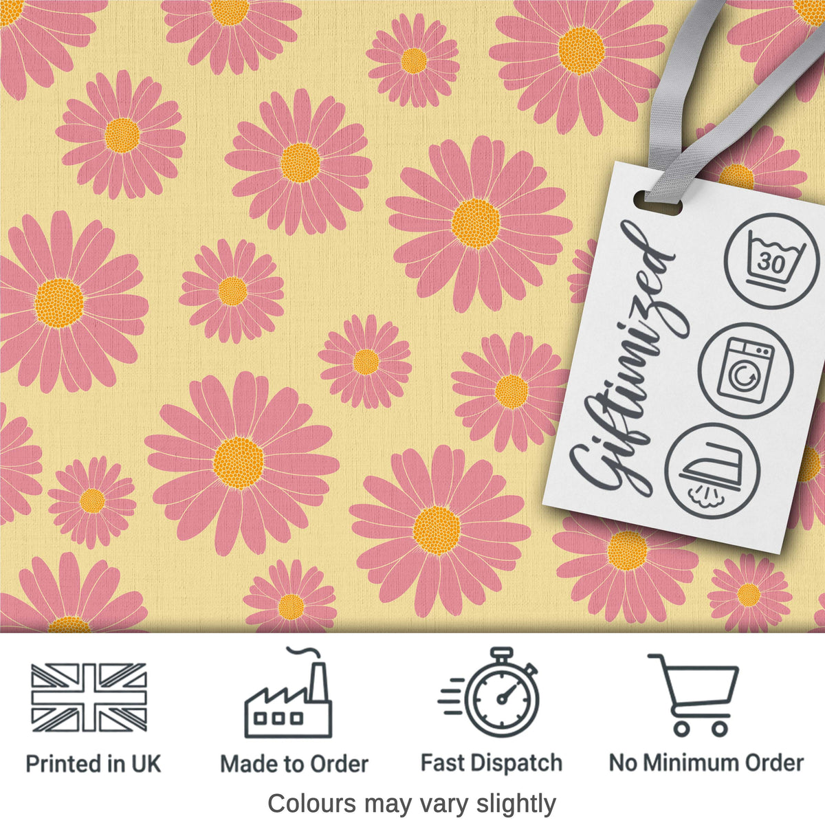 Pink Daisy Floral Pattern on Soft Yellow Background Seamless Pattern Digital Print Fabric by the Metre UK Sewing Quilting Textile