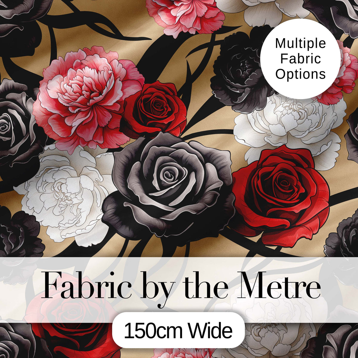 Elegant Rose Floral with Black Red and White Flowers on Beige Background Digital Print Fabric by the Metre UK Sewing Quilting Textile