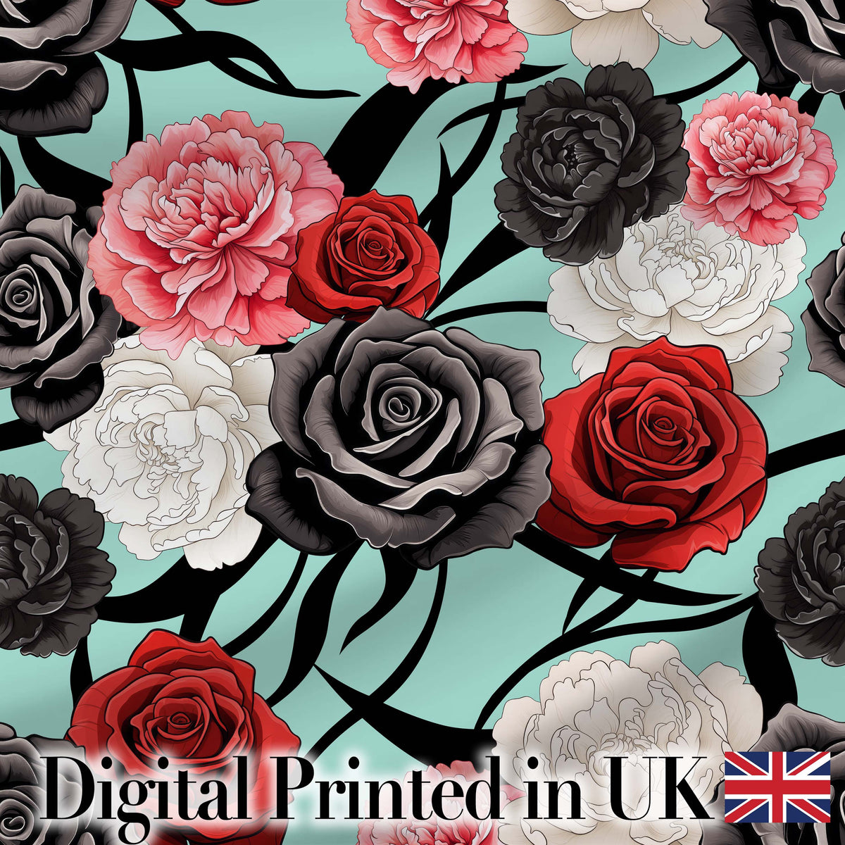 Elegant Rose Floral with Black Red and White Flowers on Teal Background Digital Print Fabric by the Metre UK Sewing Quilting Textile