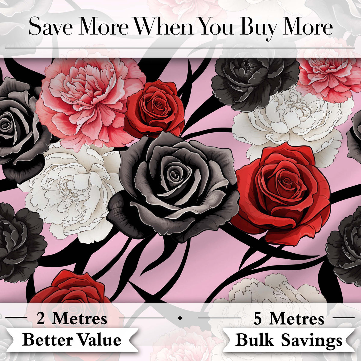 Elegant Rose Floral with Black Red and White Flowers on Soft Pink Background Digital Print Fabric by the Metre UK Sewing Quilting Textile