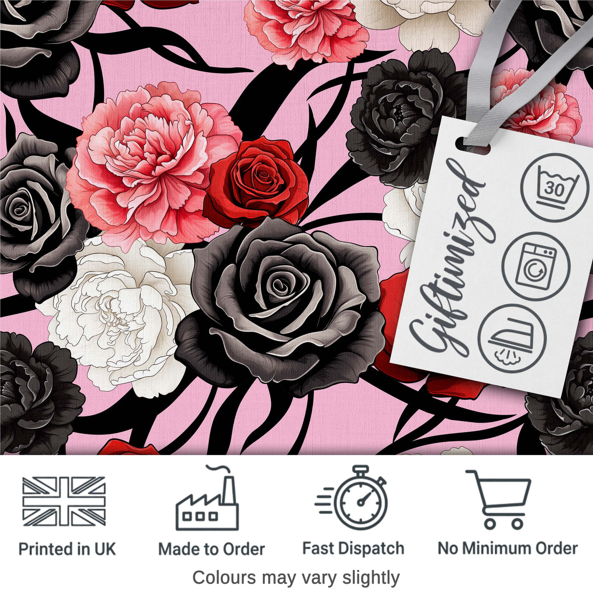 Elegant Rose Floral with Black Red and White Flowers on Soft Pink Background Digital Print Fabric by the Metre UK Sewing Quilting Textile