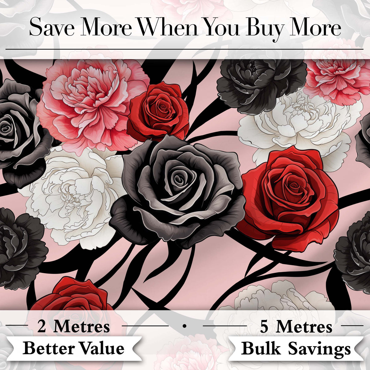 Elegant Rose Floral with Black Red and White Flowers on Blush Pink Background Digital Print Fabric by the Metre UK Sewing Quilting Textile
