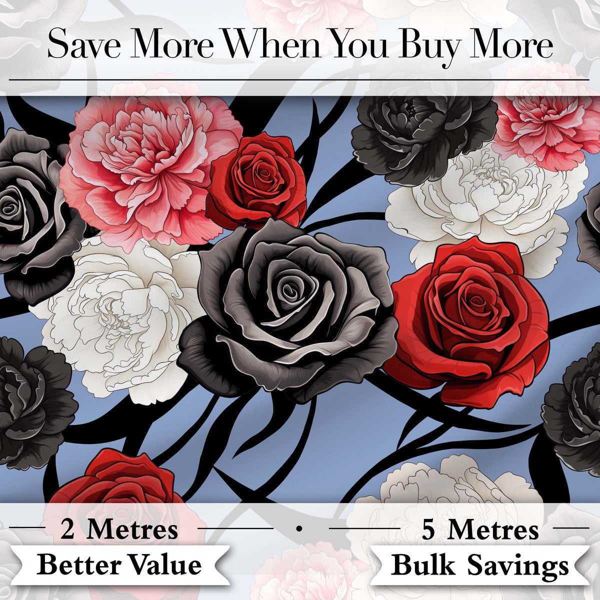 Elegant Rose Floral with Black Red and White Flowers on Dusty Blue Background Digital Print Fabric by the Metre UK Sewing Quilting Textile
