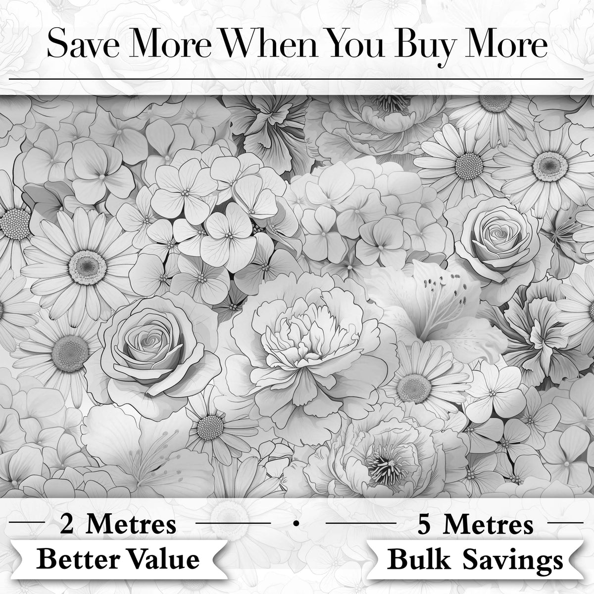 Elegant Monochrome Floral Bouquet Pattern with Roses Peonies and Daisies Digital Print Fabric by the Metre UK Sewing Quilting Textile