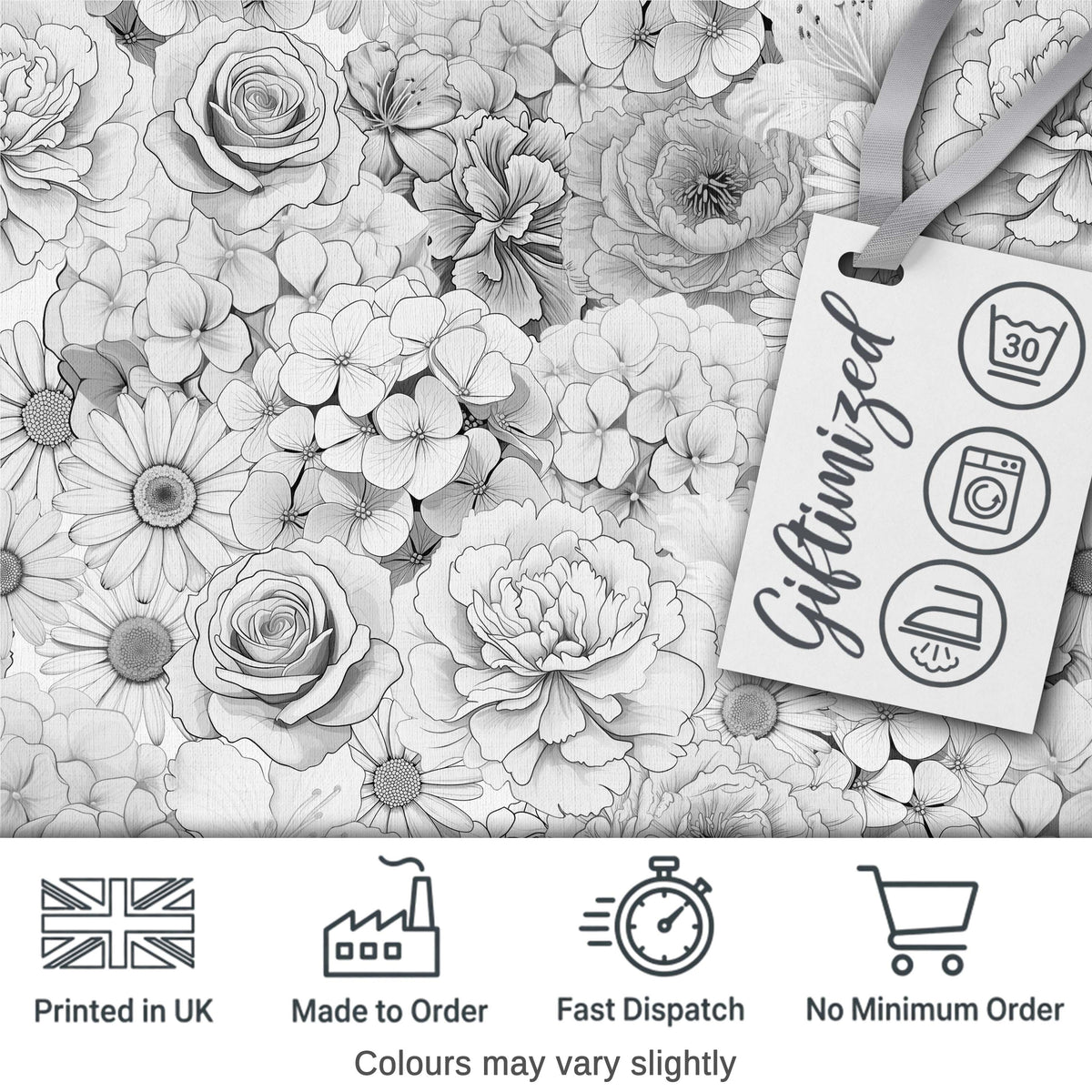 Elegant Monochrome Floral Bouquet Pattern with Roses Peonies and Daisies Digital Print Fabric by the Metre UK Sewing Quilting Textile