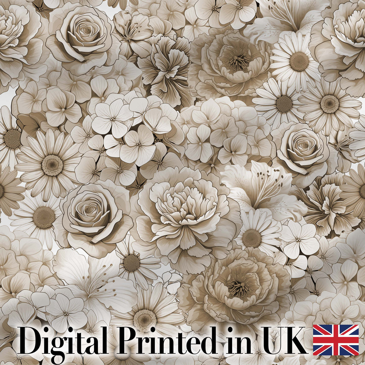 Vintage Sepia Floral Bouquet Seamless Pattern with Roses Peonies and Daisies Digital Print Fabric by the Metre UK Sewing Quilting Textile