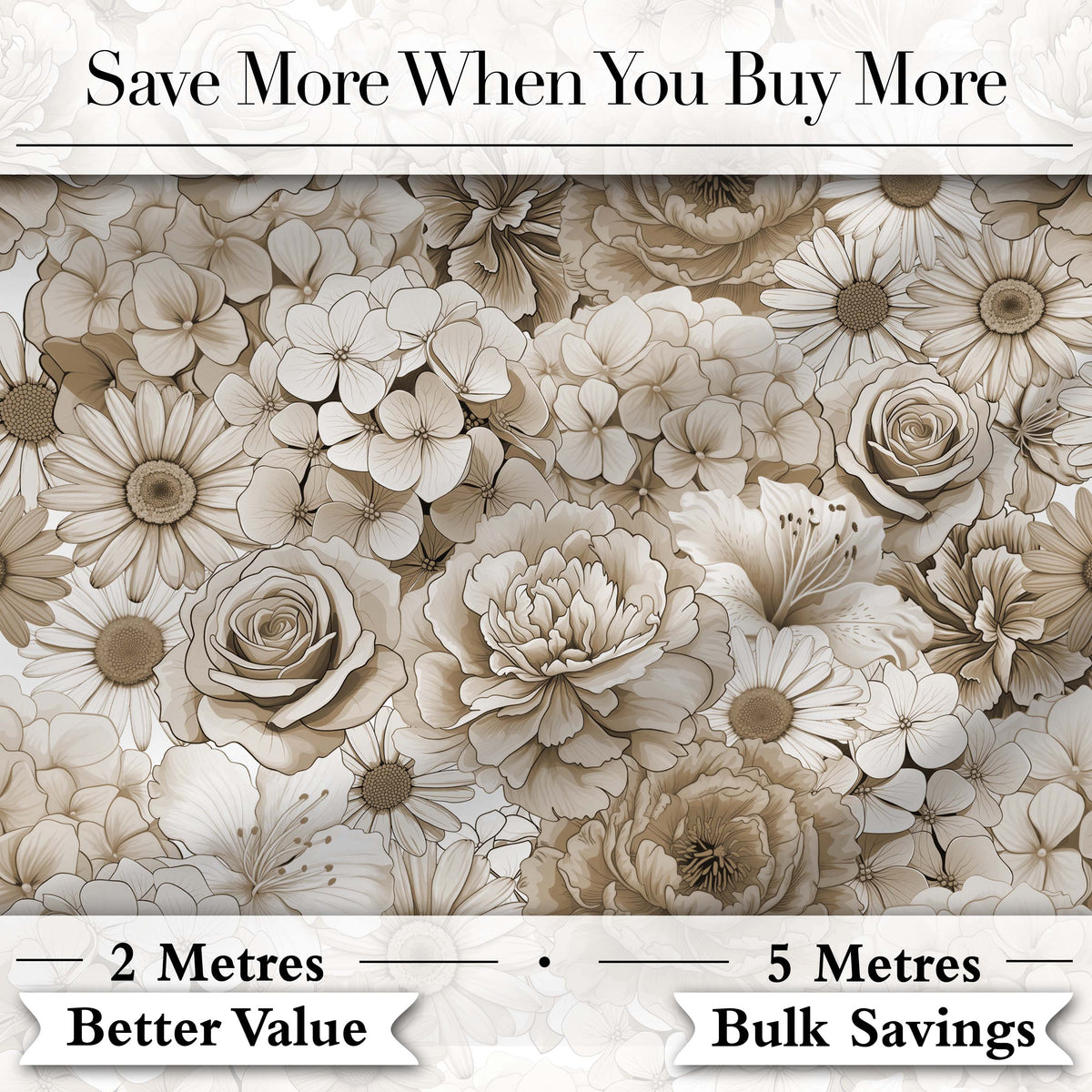 Vintage Sepia Floral Bouquet Seamless Pattern with Roses Peonies and Daisies Digital Print Fabric by the Metre UK Sewing Quilting Textile