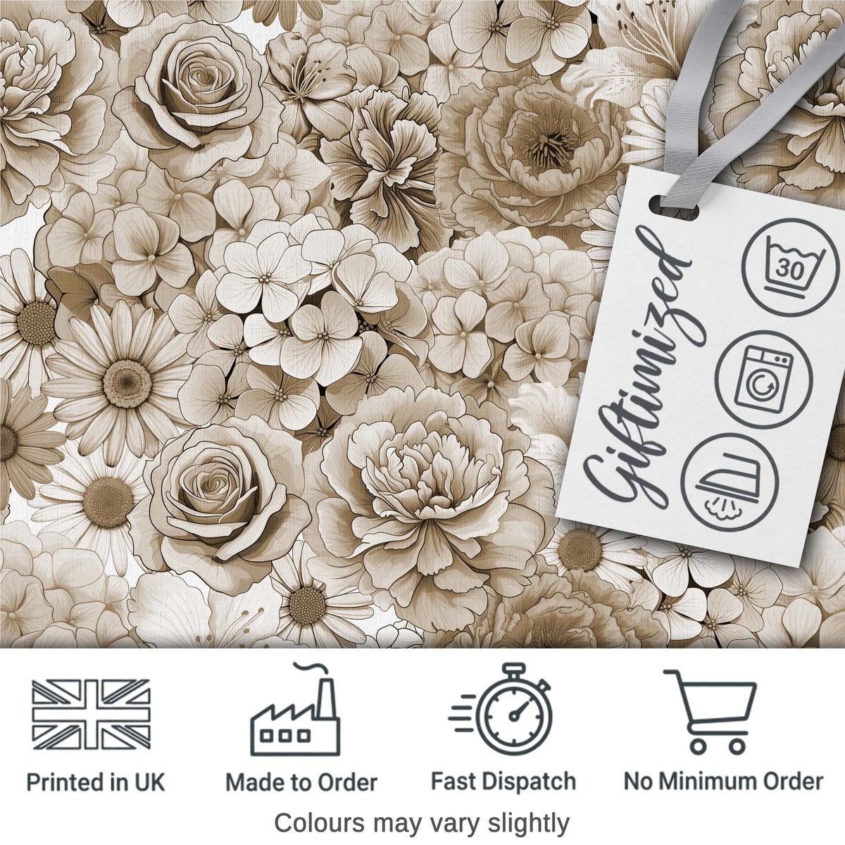 Vintage Sepia Floral Bouquet Seamless Pattern with Roses Peonies and Daisies Digital Print Fabric by the Metre UK Sewing Quilting Textile