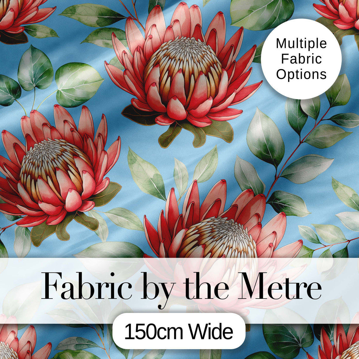 Coral Protea Flowers on Soft Blue Background Seamless Botanical Pattern Digital Print Fabric by the Metre UK Sewing Quilting Textile