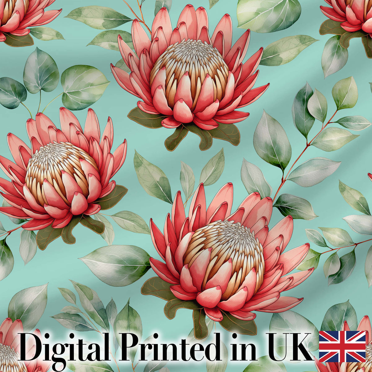 Coral Protea Flowers on Teal Background Seamless Botanical Pattern Digital Print Fabric by the Metre UK Sewing Quilting Textile