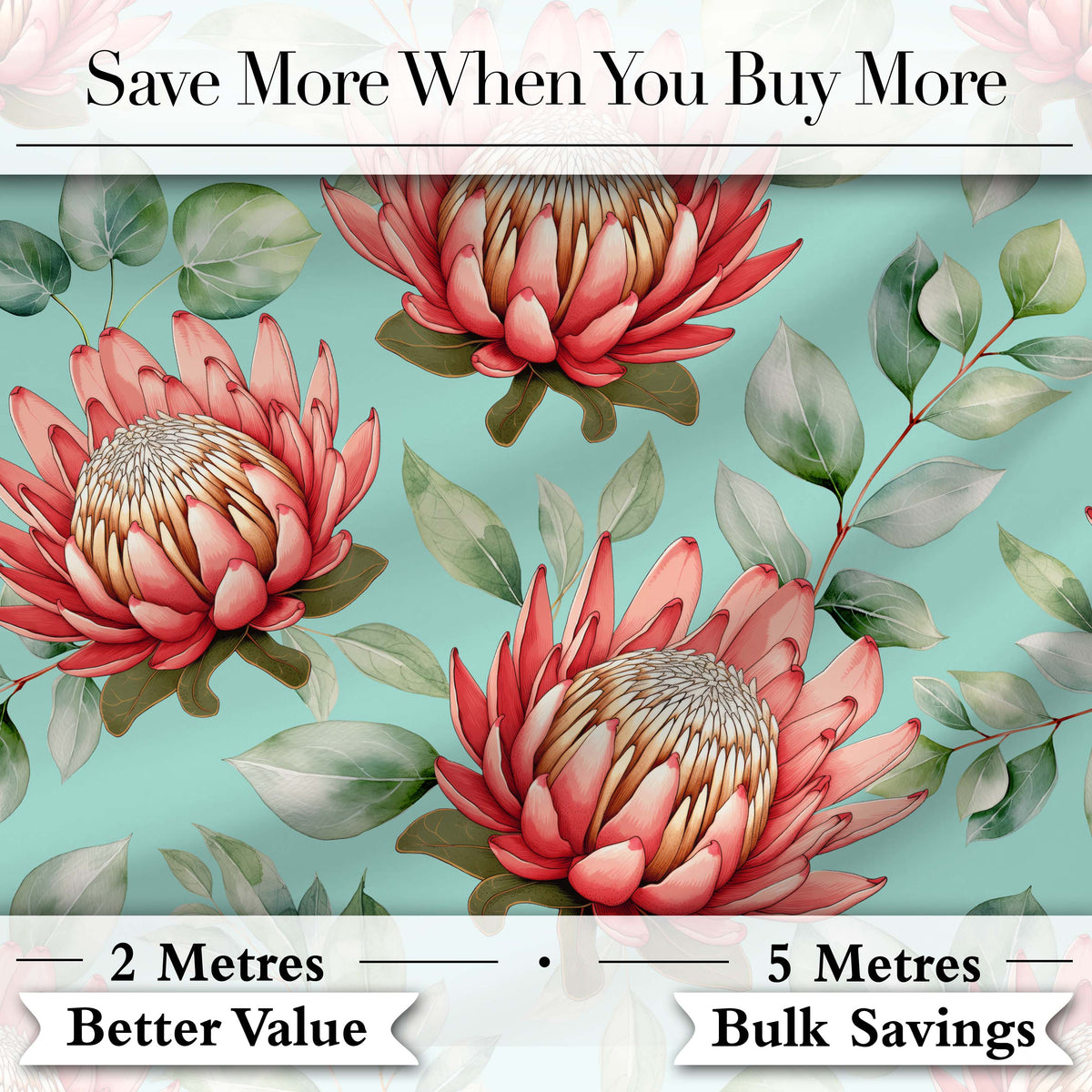 Coral Protea Flowers on Teal Background Seamless Botanical Pattern Digital Print Fabric by the Metre UK Sewing Quilting Textile
