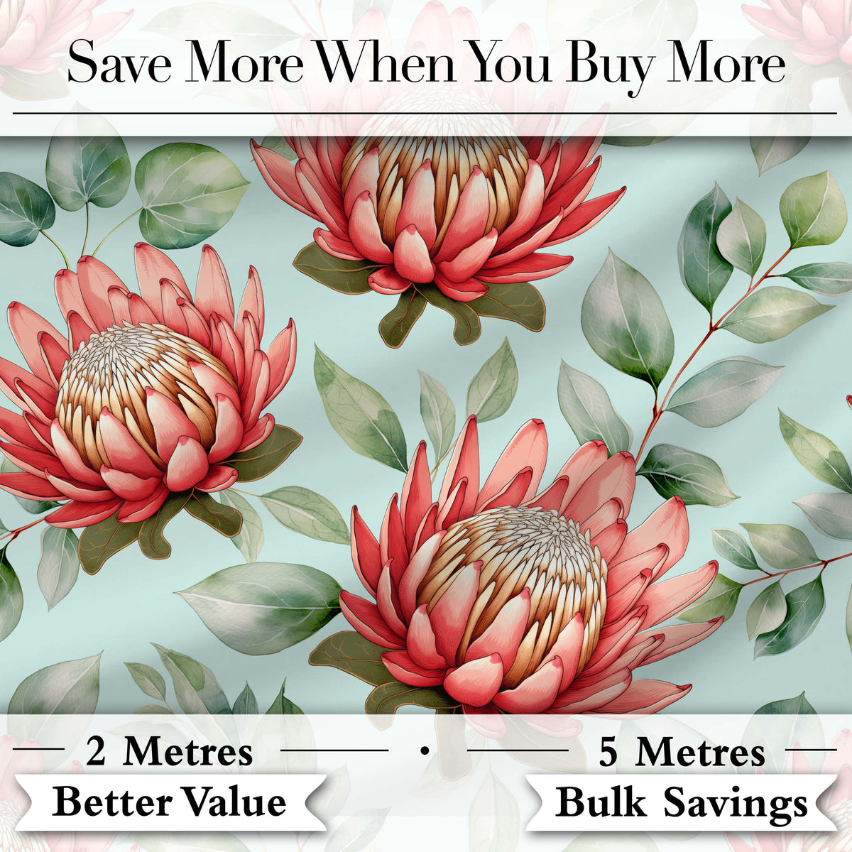 Coral Protea Flowers on Soft Mint Background Seamless Botanical Pattern Digital Print Fabric by the Metre UK Sewing Quilting Textile