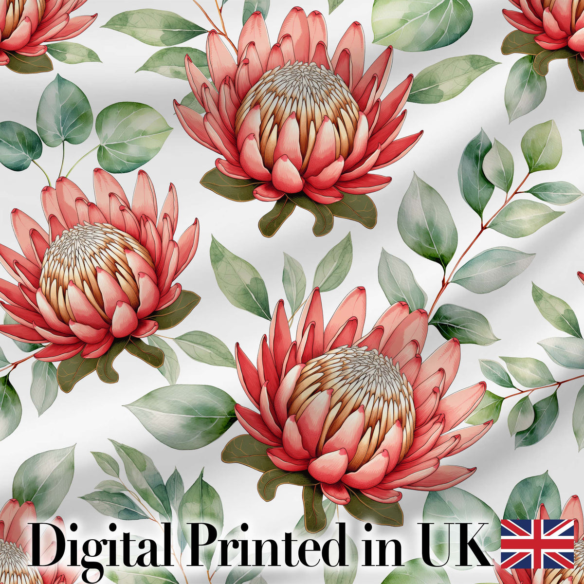 Coral Protea Flowers on Light Grey Background Seamless Botanical Pattern Digital Print Fabric by the Metre UK Sewing Quilting Textile