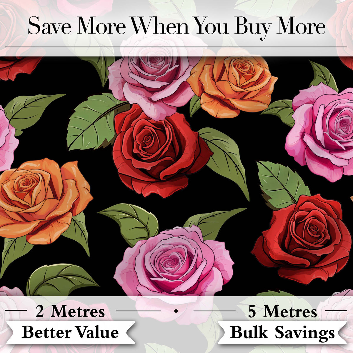 Colorful Roses on Black Background Seamless Floral Pattern Digital Print Fabric by the Metre UK Sewing Quilting Textile