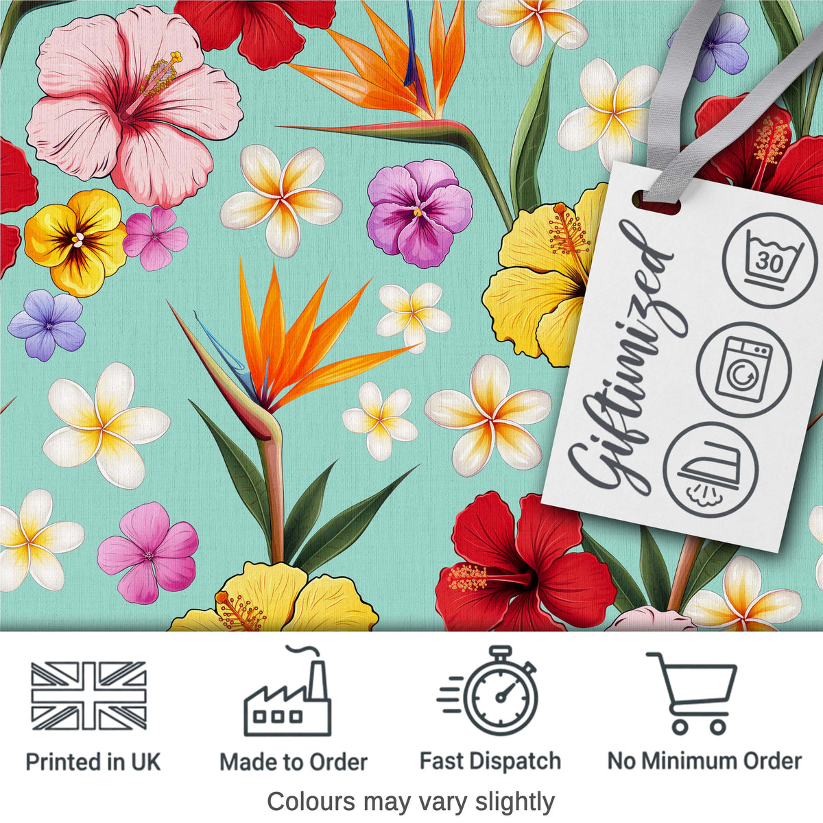 Tropical Hibiscus Bird of Paradise Seamless Pattern Teal Background Digital Print Fabric by the Metre UK Sewing Quilting Textile