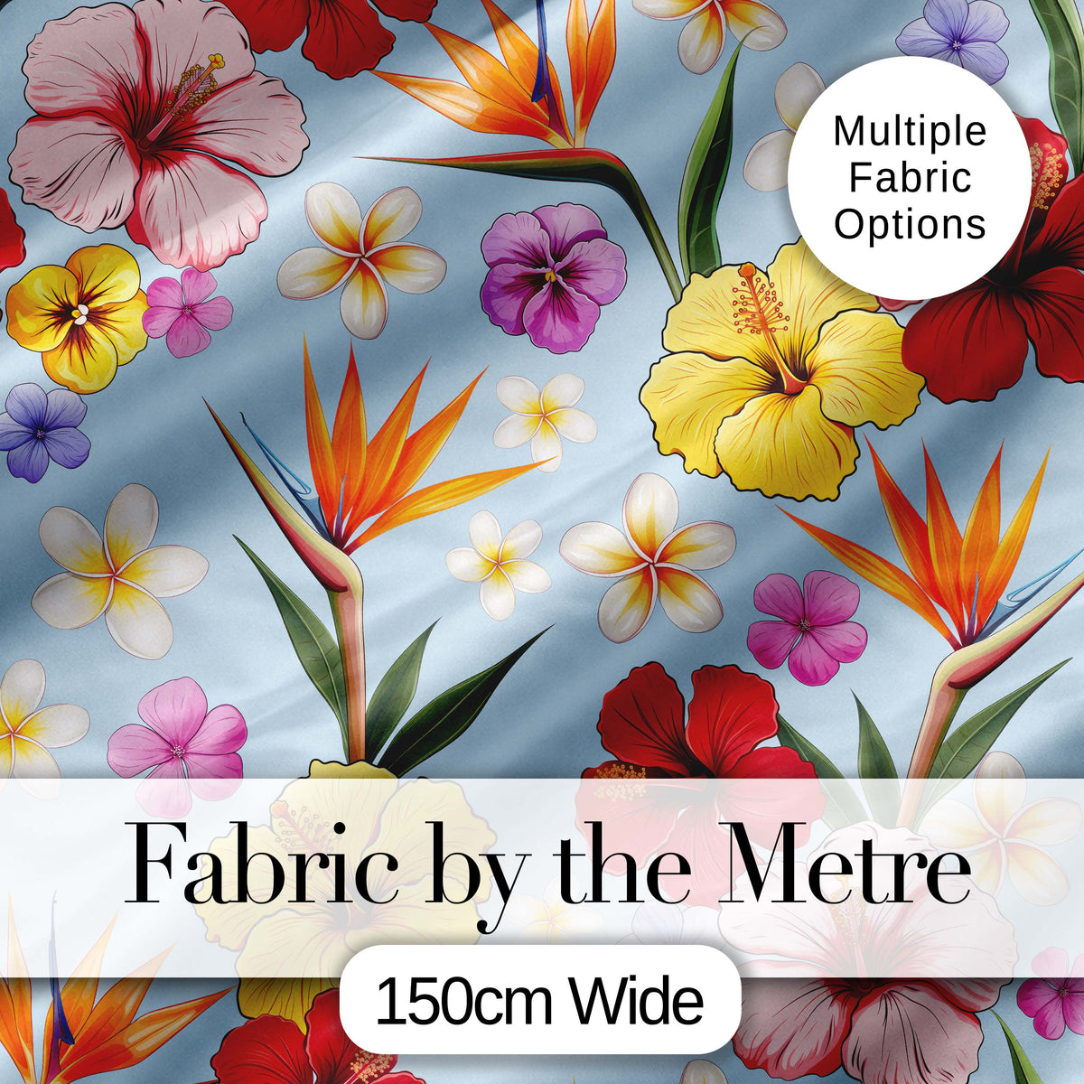 Tropical Hibiscus Bird of Paradise Seamless Pattern Blue Background Digital Print Fabric by the Metre UK Sewing Quilting Textile