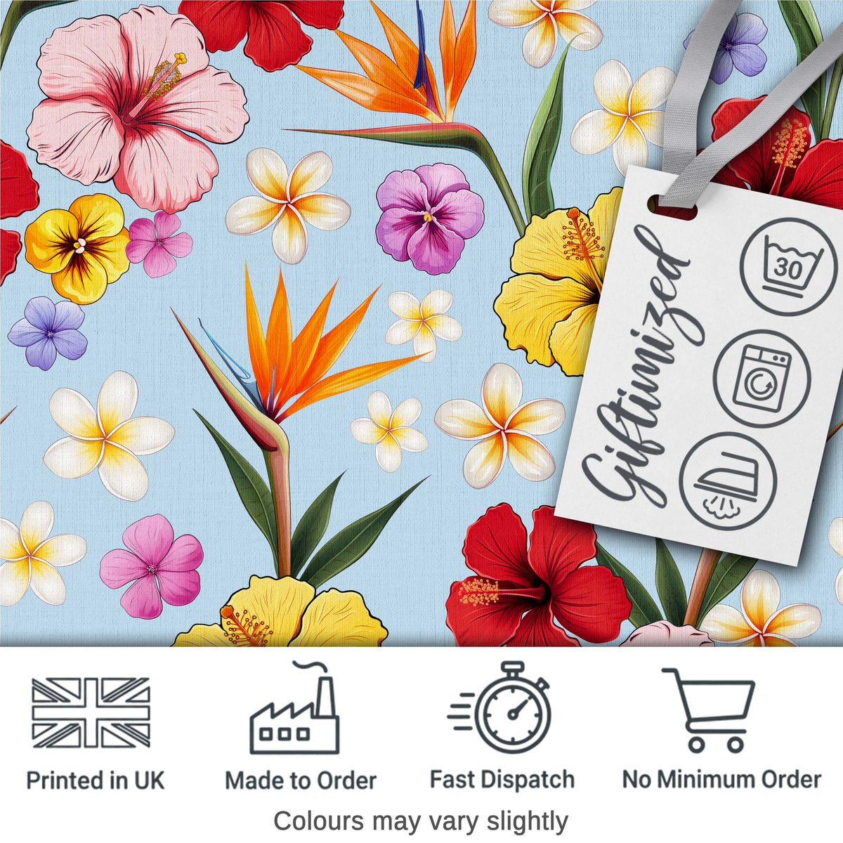 Tropical Hibiscus Bird of Paradise Seamless Pattern Blue Background Digital Print Fabric by the Metre UK Sewing Quilting Textile