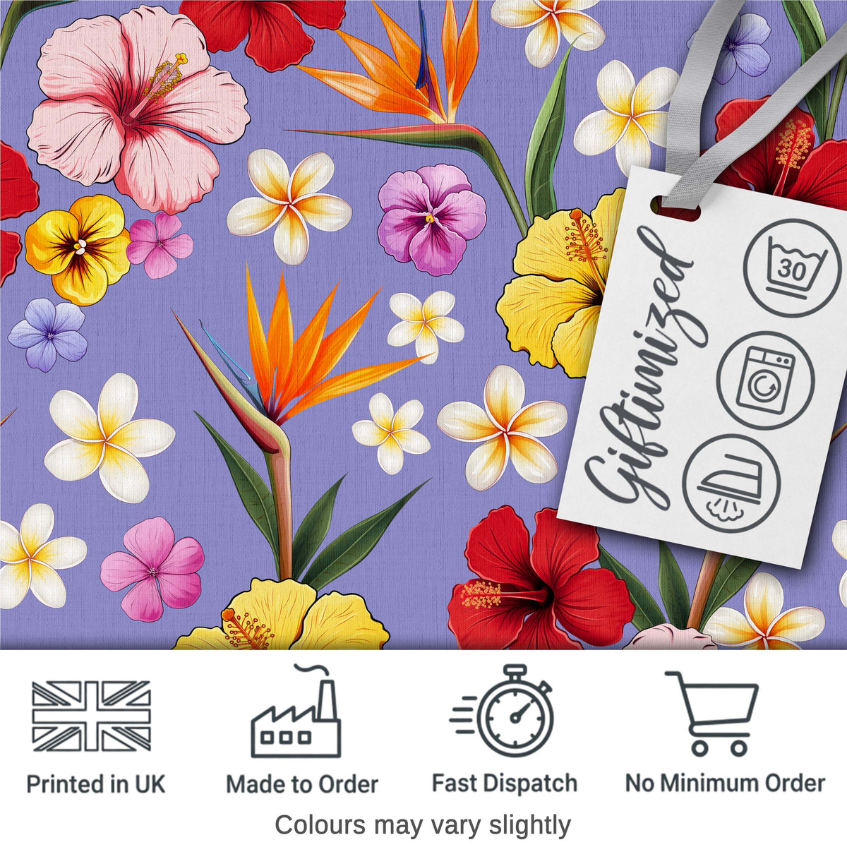 Tropical Hibiscus Bird of Paradise Seamless Pattern Purple Background Digital Print Fabric by the Metre UK Sewing Quilting Textile