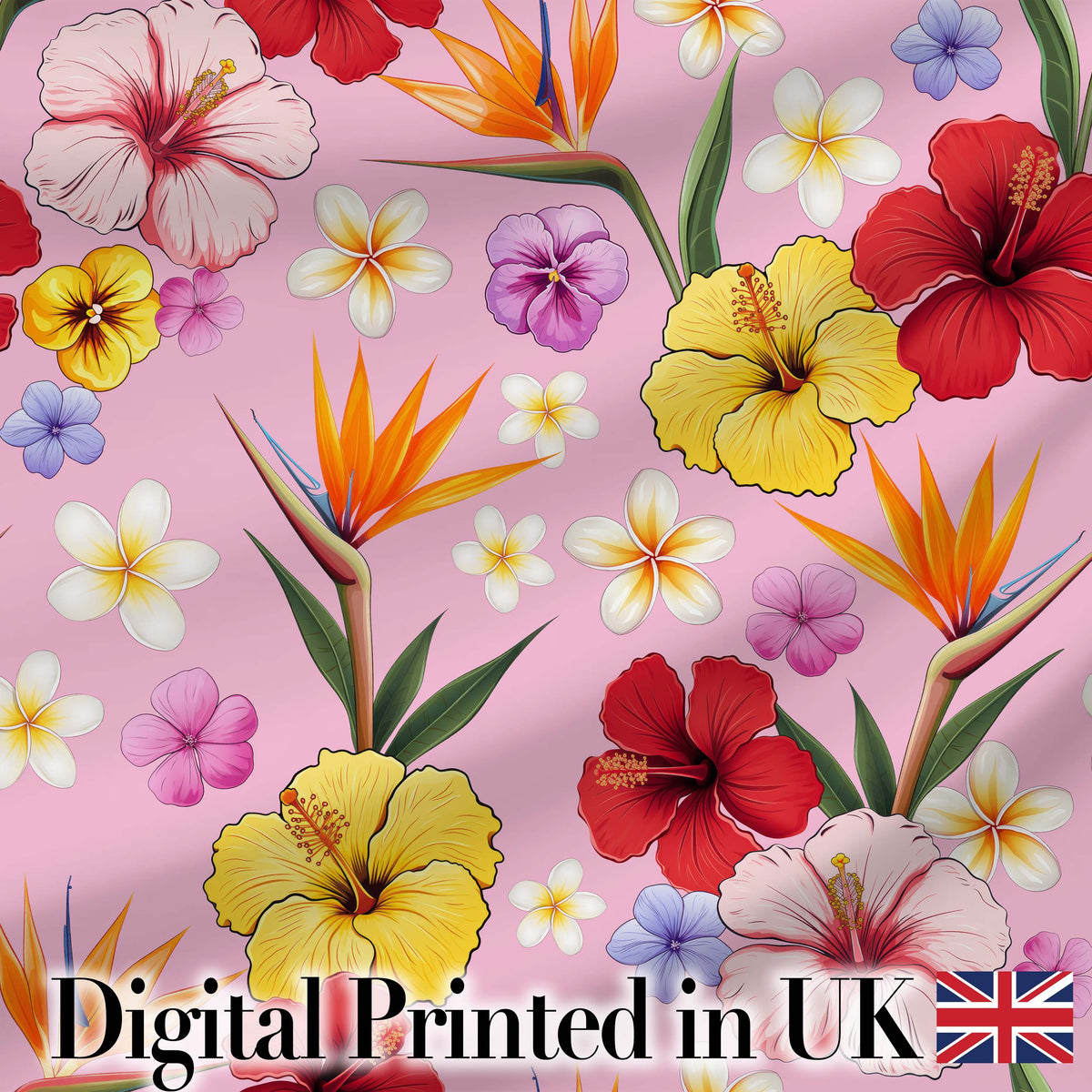Tropical Hibiscus Bird of Paradise Seamless Pattern Blush Background Digital Print Fabric by the Metre UK Sewing Quilting Textile