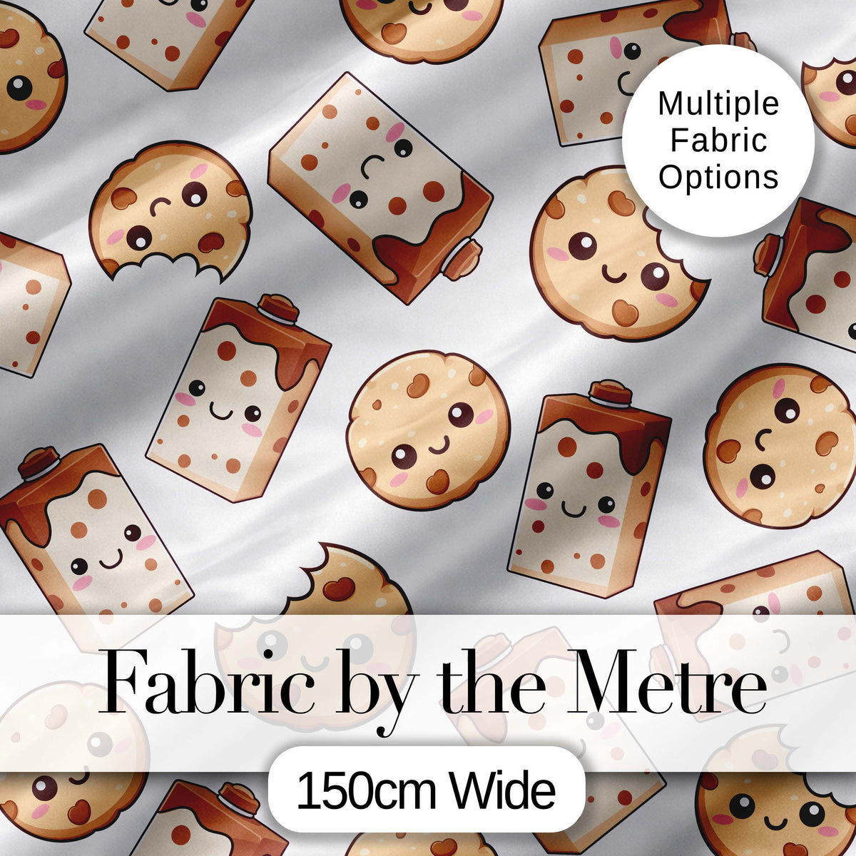 Cute Kawaii Cookies and Milk Seamless Pattern Sweet Treats Digital Print Fabric by the Metre UK Sewing Quilting Textile