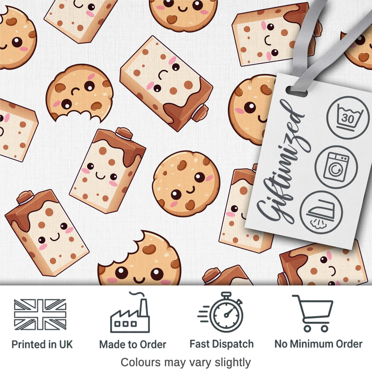 Cute Kawaii Cookies and Milk Seamless Pattern Sweet Treats Digital Print Fabric by the Metre UK Sewing Quilting Textile