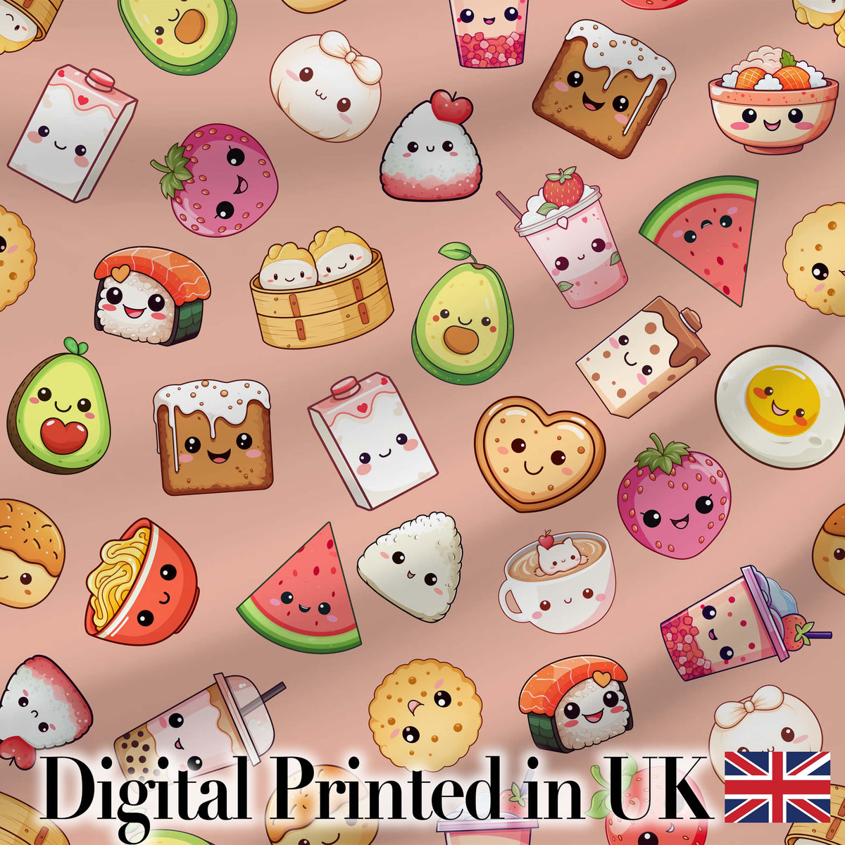 Cute Kawaii Food Characters Seamless Pattern Peach Background Fun Snacks Digital Print Fabric by the Metre UK Sewing Quilting Textile