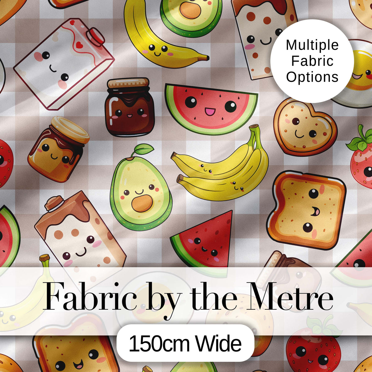 Cute Kawaii Breakfast Food Seamless Pattern Blue Gingham Background Digital Print Fabric by the Metre UK Sewing Quilting Textile