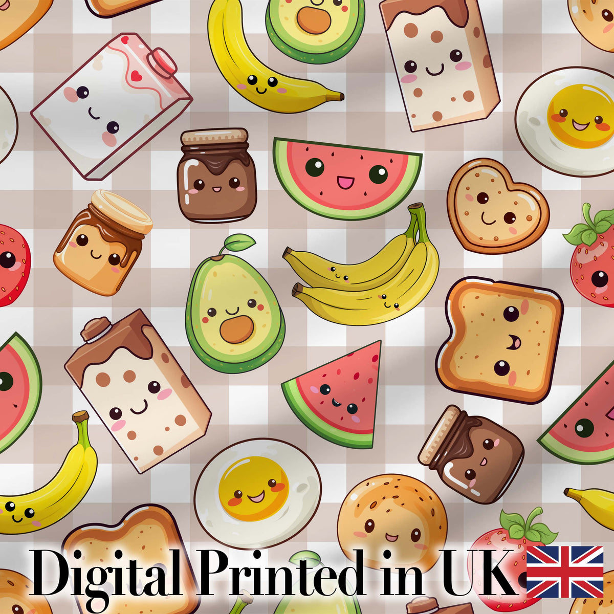 Cute Kawaii Breakfast Food Seamless Pattern Blue Gingham Background Digital Print Fabric by the Metre UK Sewing Quilting Textile