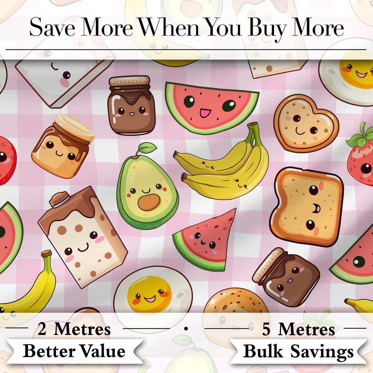 Cute Kawaii Breakfast Food Seamless Pattern Pink Gingham Background Digital Print Fabric by the Metre UK Sewing Quilting Textile