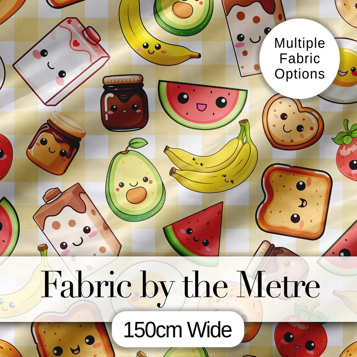 Cute Kawaii Breakfast Food Seamless Pattern Yellow Gingham Background Digital Print Fabric by the Metre UK Sewing Quilting Textile