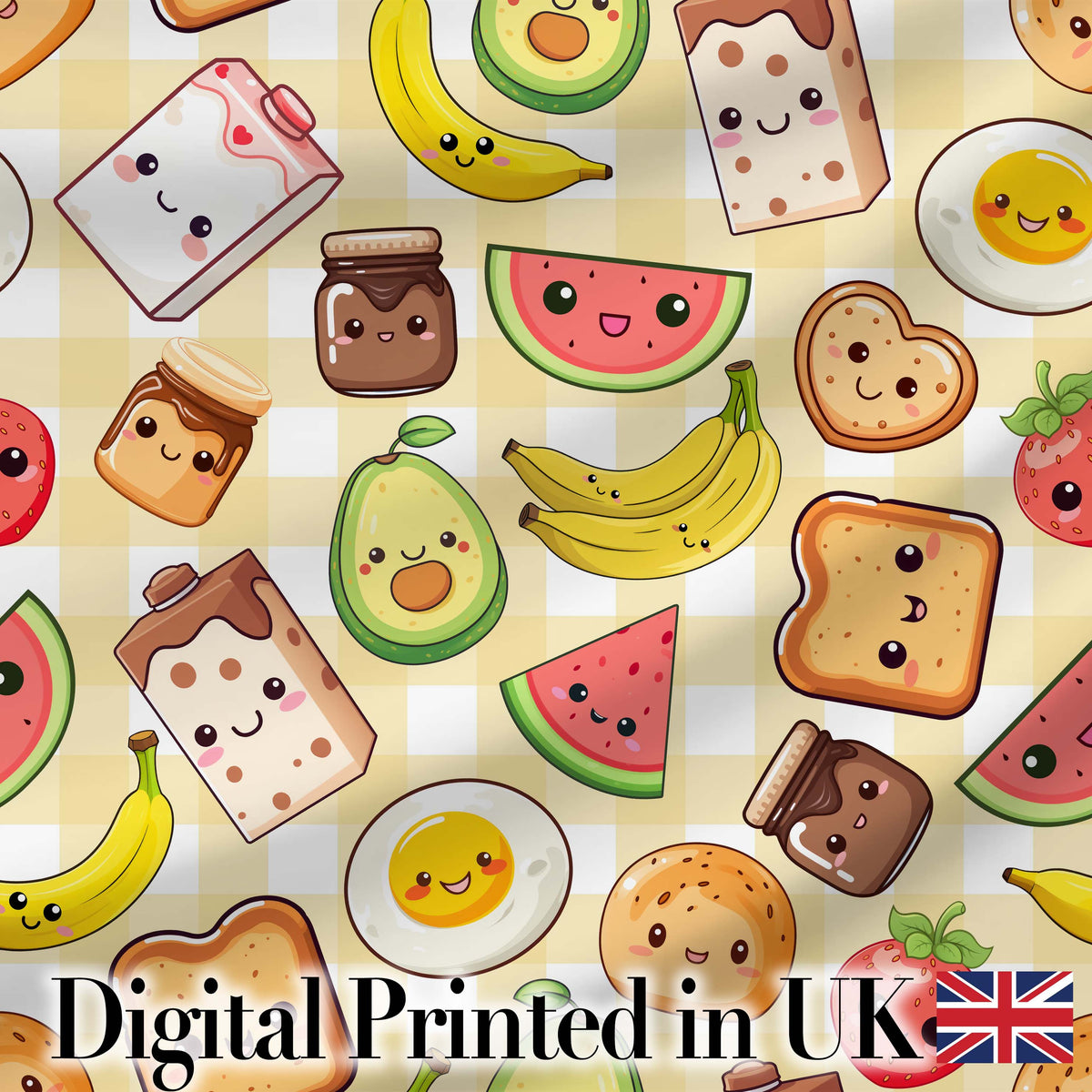 Cute Kawaii Breakfast Food Seamless Pattern Yellow Gingham Background Digital Print Fabric by the Metre UK Sewing Quilting Textile
