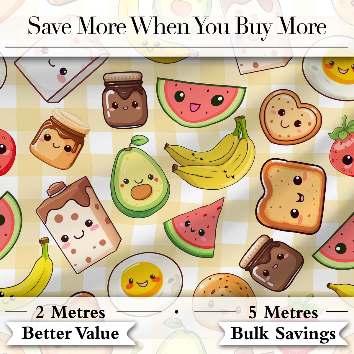 Cute Kawaii Breakfast Food Seamless Pattern Yellow Gingham Background Digital Print Fabric by the Metre UK Sewing Quilting Textile