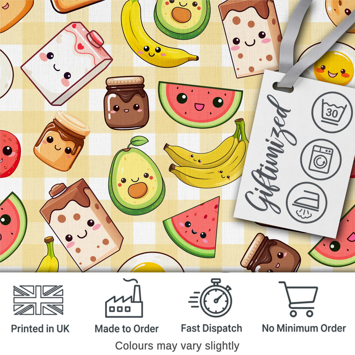 Cute Kawaii Breakfast Food Seamless Pattern Yellow Gingham Background Digital Print Fabric by the Metre UK Sewing Quilting Textile