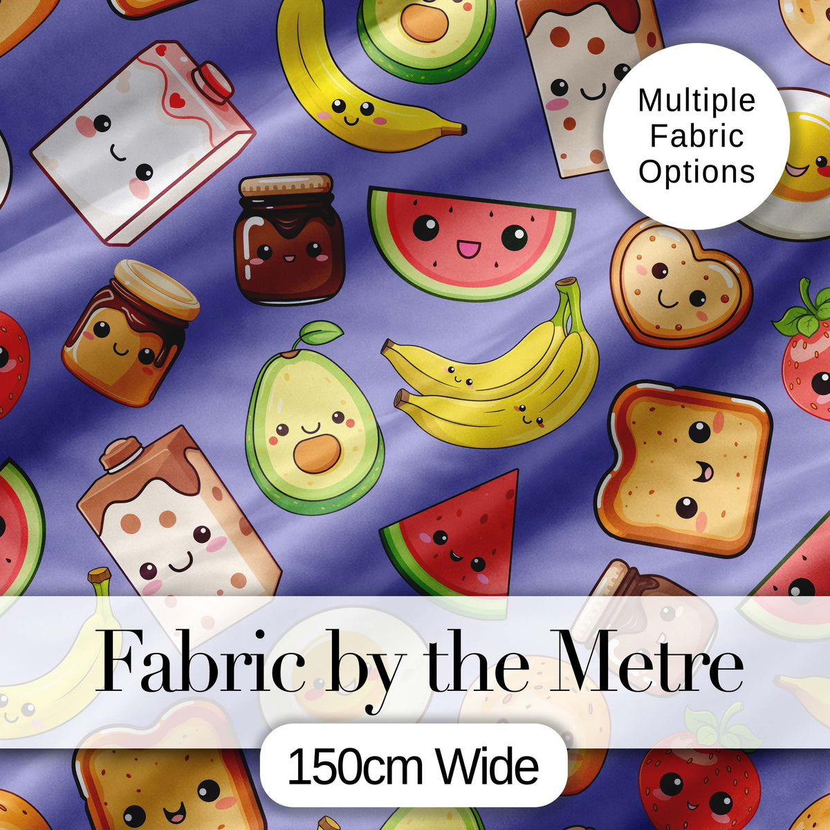 Cute Kawaii Breakfast Food Seamless Pattern Purple Background Fun Snacks Digital Print Fabric by the Metre UK Sewing Quilting Textile