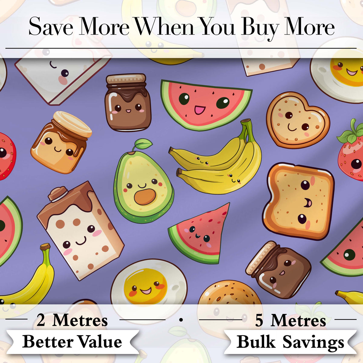 Cute Kawaii Breakfast Food Seamless Pattern Purple Background Fun Snacks Digital Print Fabric by the Metre UK Sewing Quilting Textile