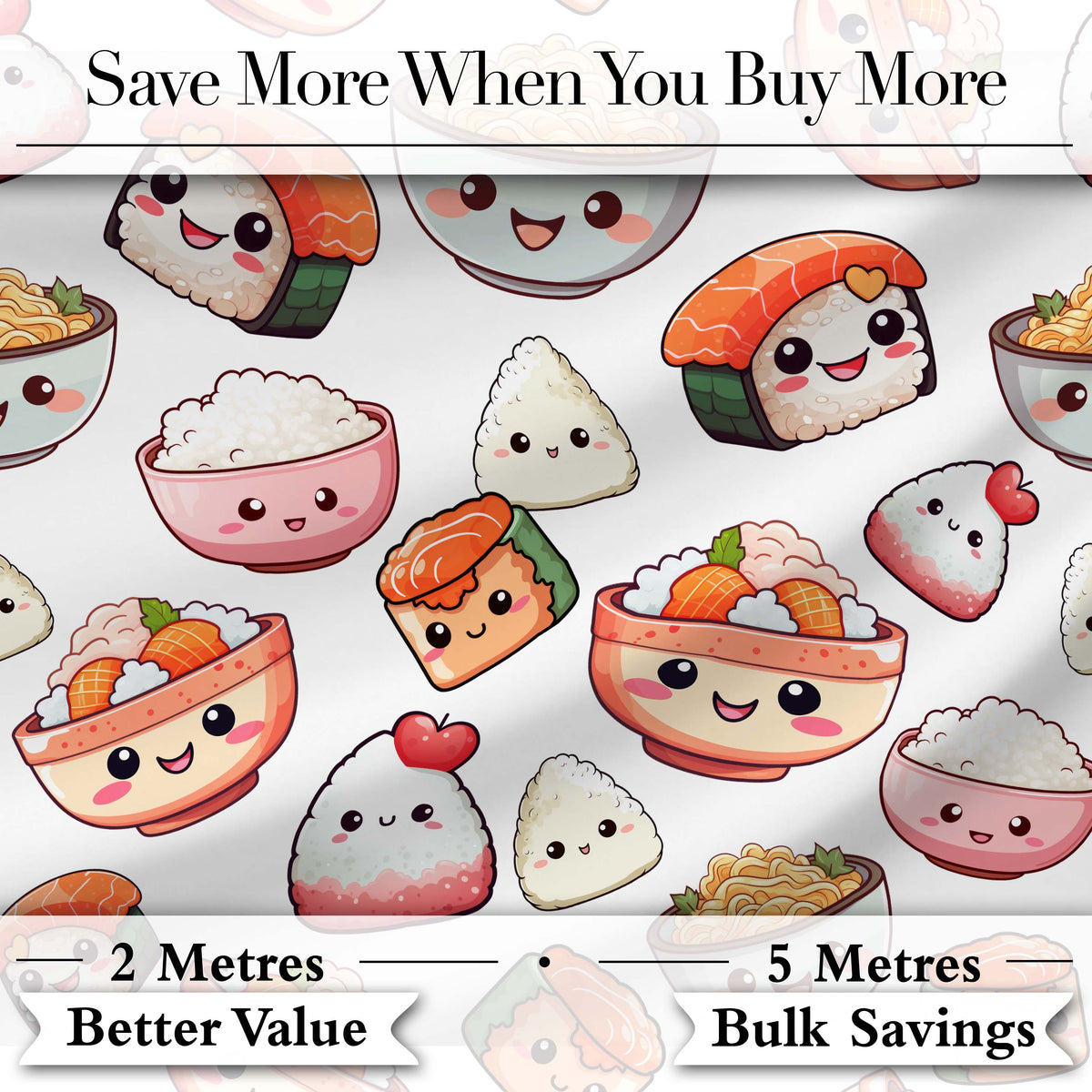 Cute Kawaii Sushi And Japanese Food Seamless Pattern White Background Digital Print Fabric by the Metre UK Sewing Quilting Textile
