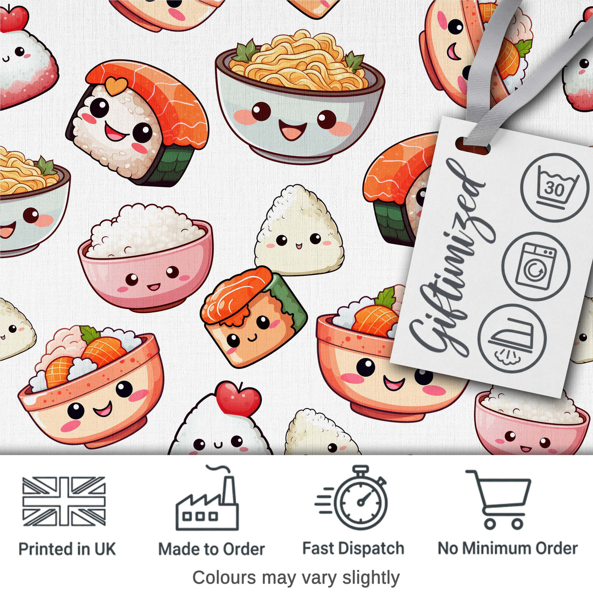 Cute Kawaii Sushi And Japanese Food Seamless Pattern White Background Digital Print Fabric by the Metre UK Sewing Quilting Textile