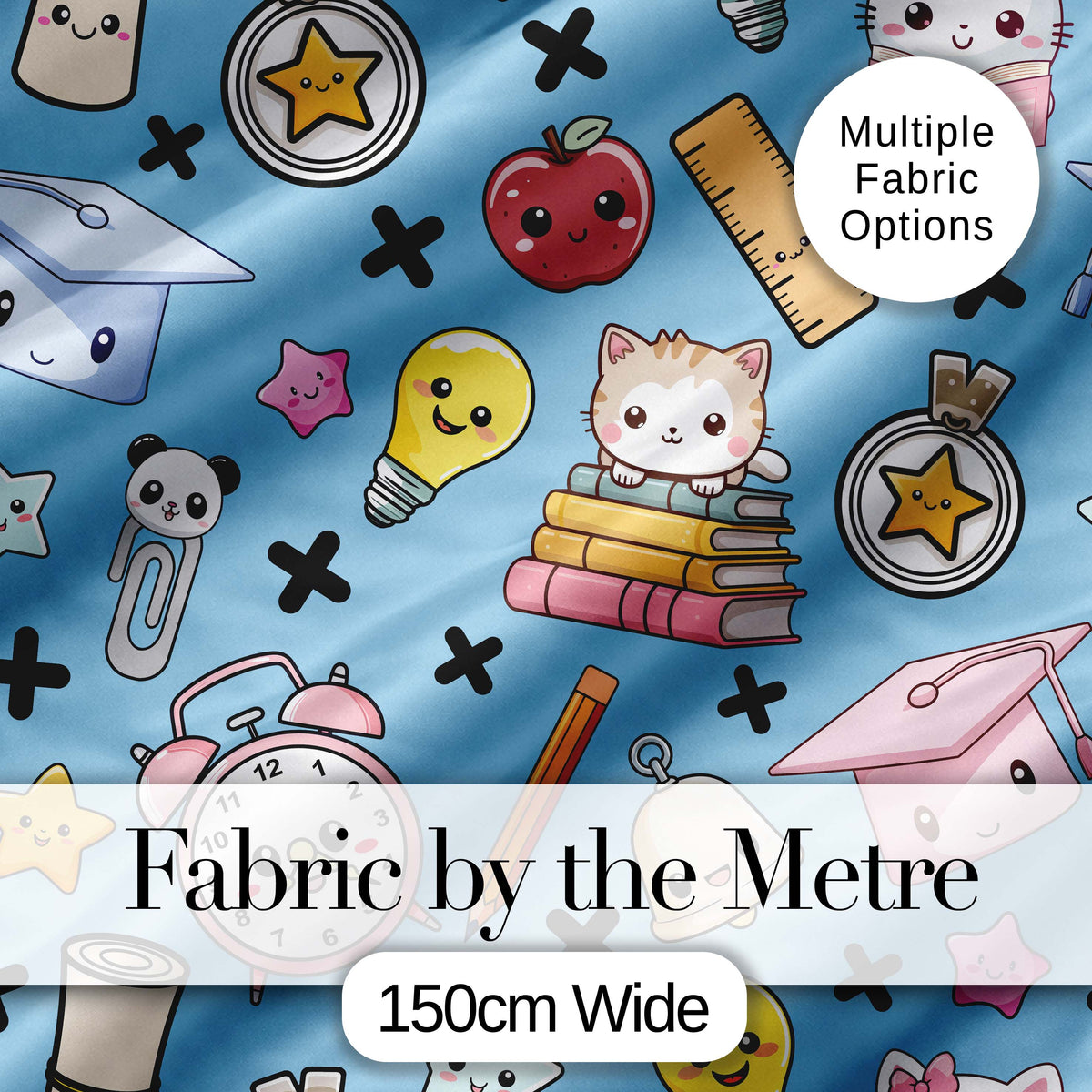 Cute Kawaii School Supplies And Study Seamless Pattern Blue Background Digital Print Fabric by the Metre UK Sewing Quilting Textile