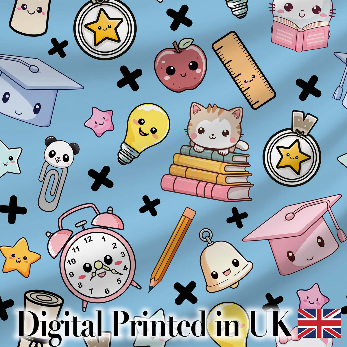 Cute Kawaii School Supplies And Study Seamless Pattern Blue Background Digital Print Fabric by the Metre UK Sewing Quilting Textile
