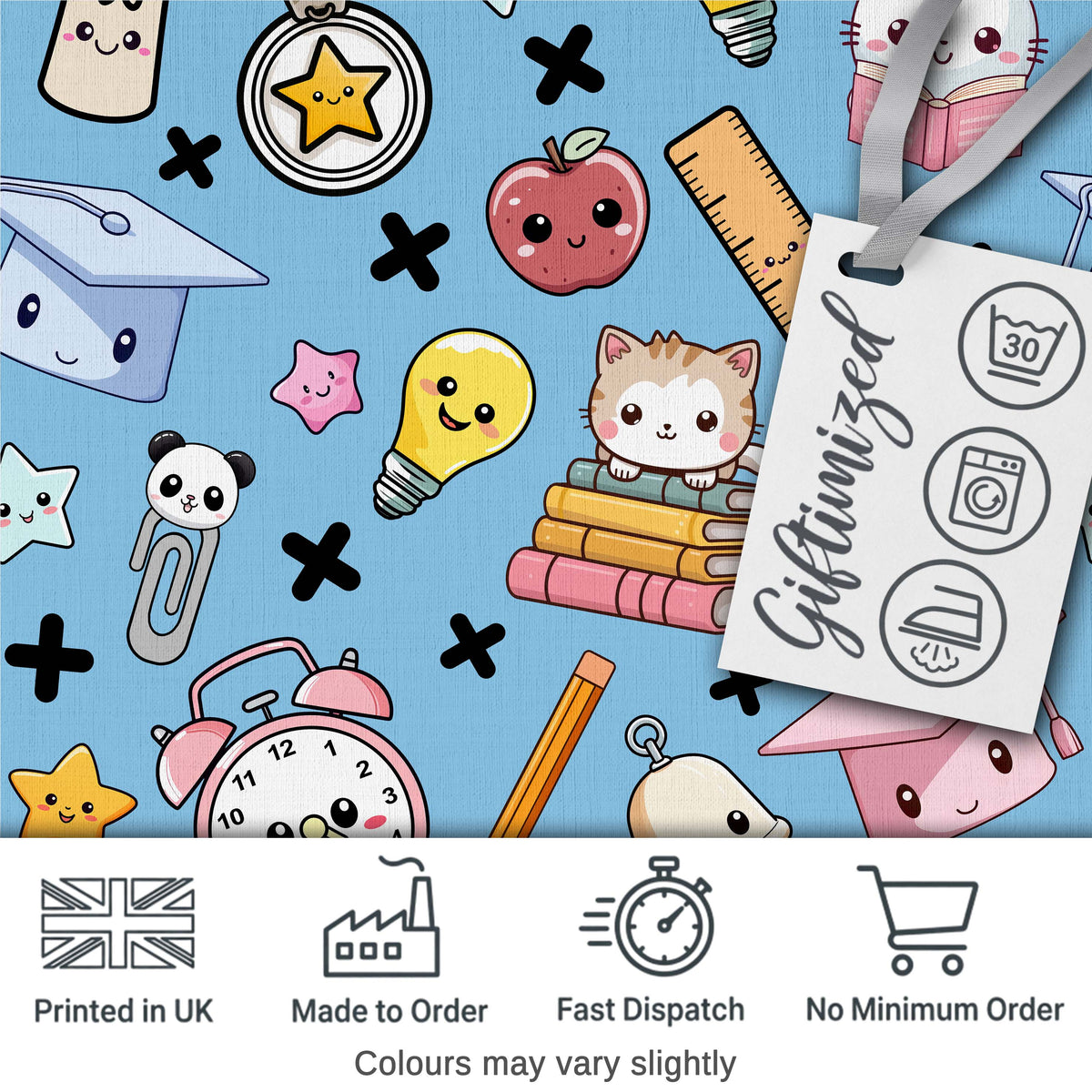 Cute Kawaii School Supplies And Study Seamless Pattern Blue Background Digital Print Fabric by the Metre UK Sewing Quilting Textile