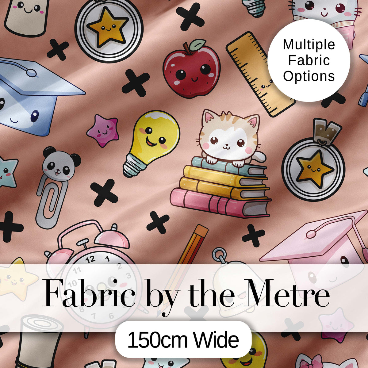 Cute Kawaii School Supplies And Study Seamless Pattern Peach Background Digital Print Fabric by the Metre UK Sewing Quilting Textile