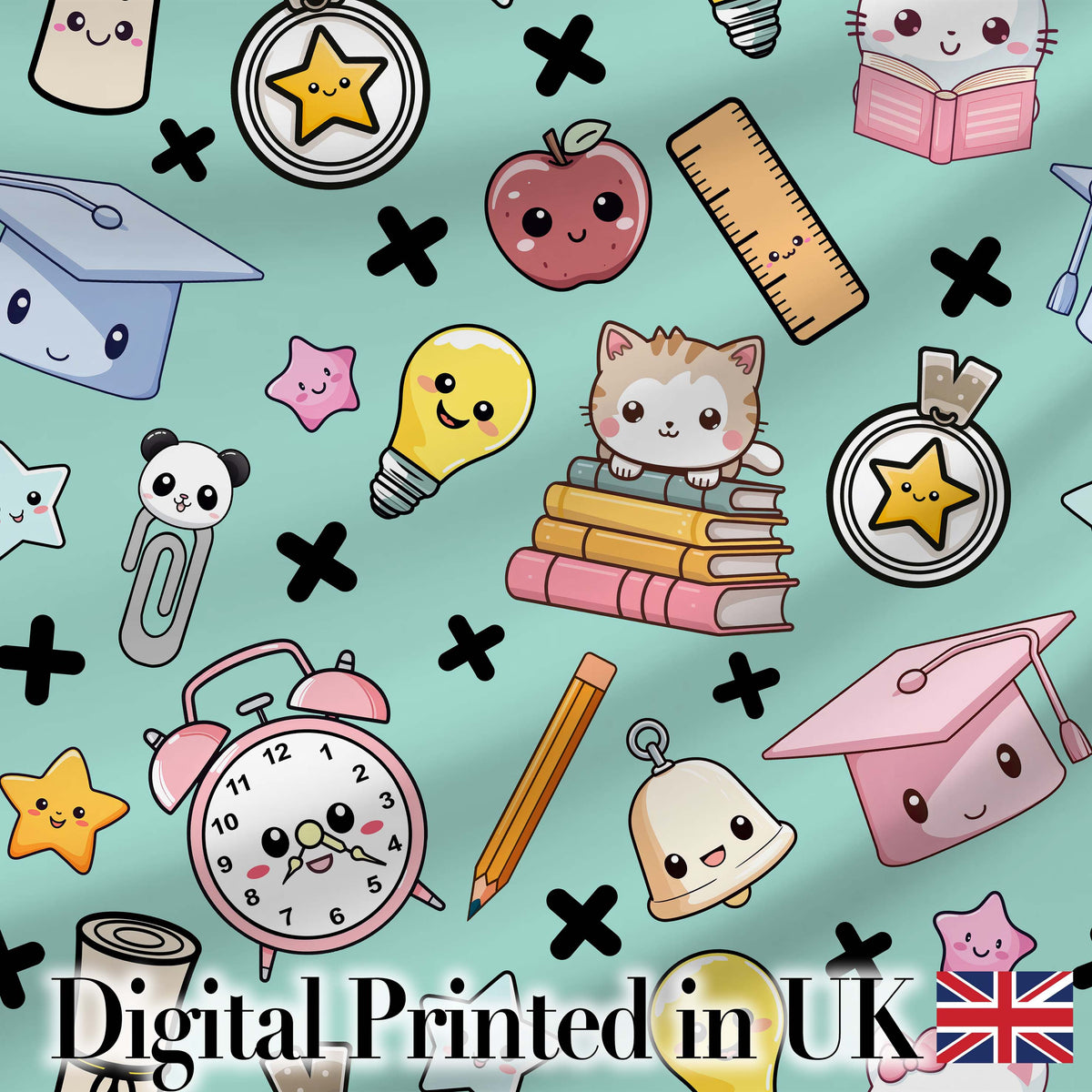 Cute Kawaii School Supplies And Study Seamless Pattern Mint Background Digital Print Fabric by the Metre UK Sewing Quilting Textile