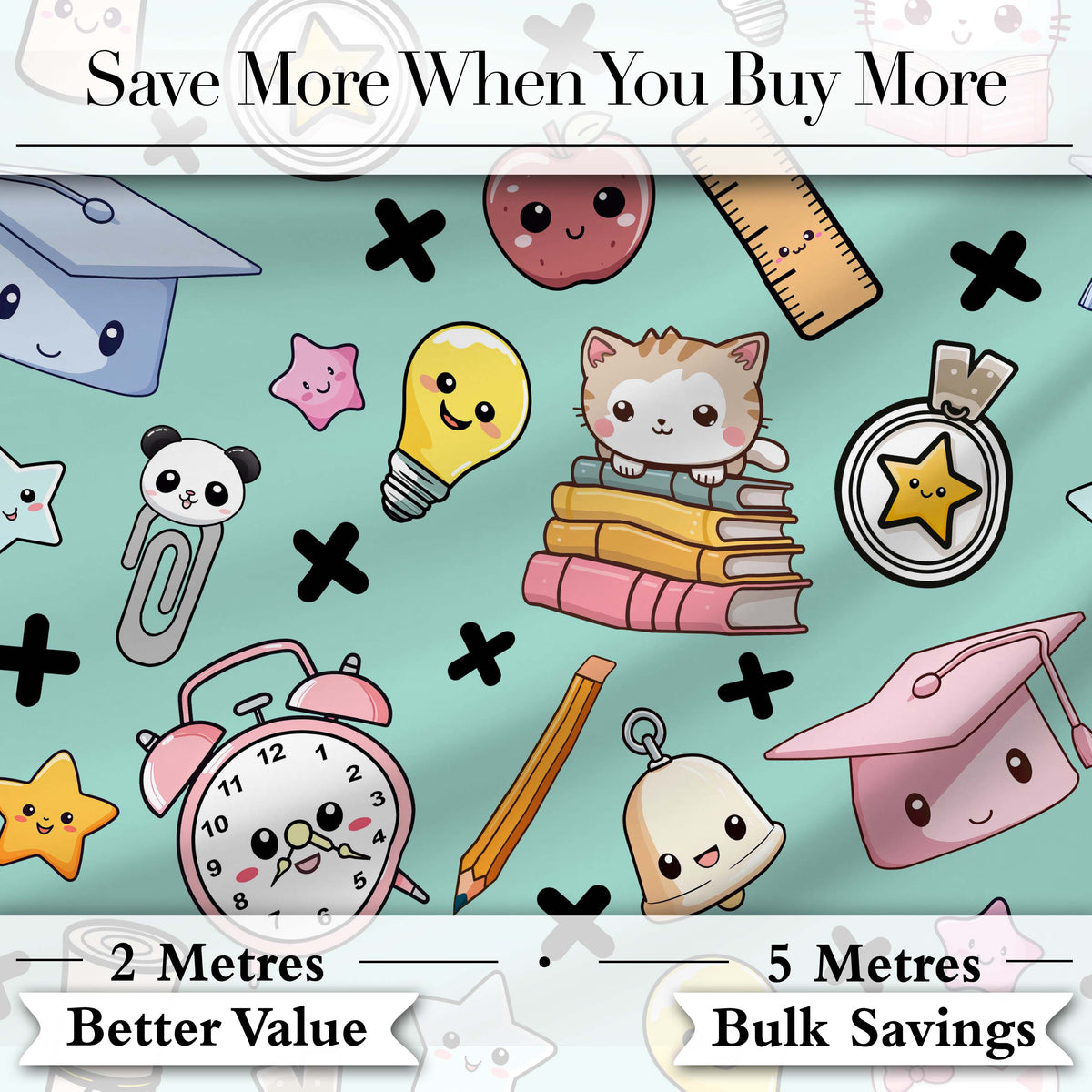 Cute Kawaii School Supplies And Study Seamless Pattern Mint Background Digital Print Fabric by the Metre UK Sewing Quilting Textile