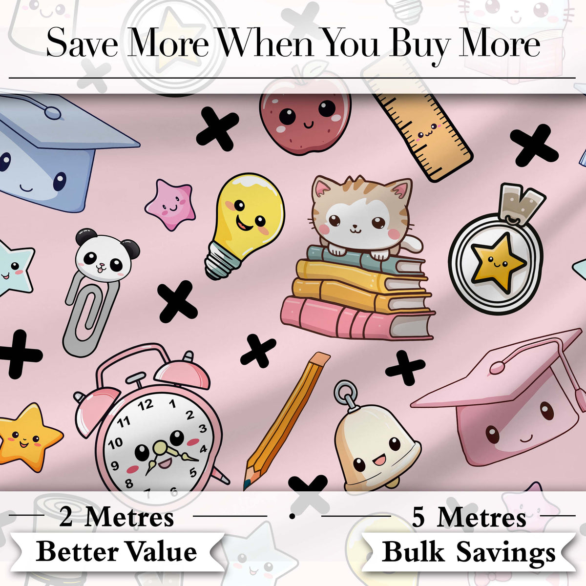 Cute Kawaii School Supplies And Study Seamless Pattern Pink Background Digital Print Fabric by the Metre UK Sewing Quilting Textile
