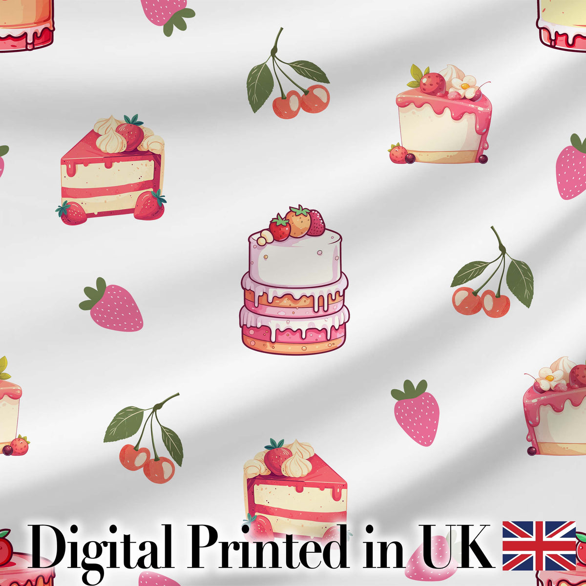 Cute Strawberry And Cake Dessert Seamless Pattern White Background Digital Print Fabric by the Metre UK Sewing Quilting Textile