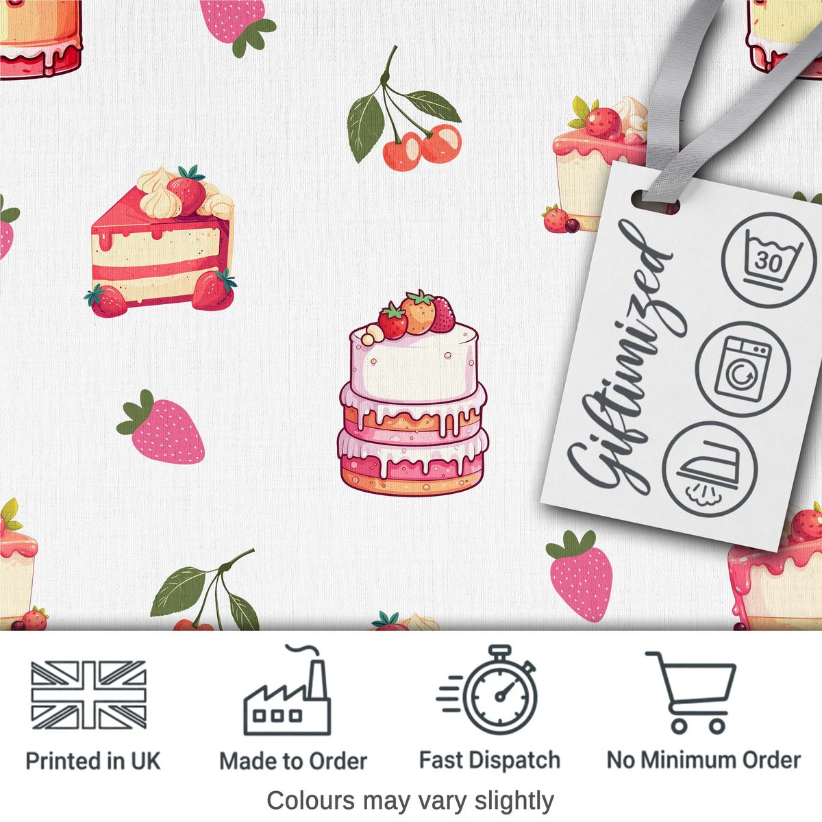 Cute Strawberry And Cake Dessert Seamless Pattern White Background Digital Print Fabric by the Metre UK Sewing Quilting Textile
