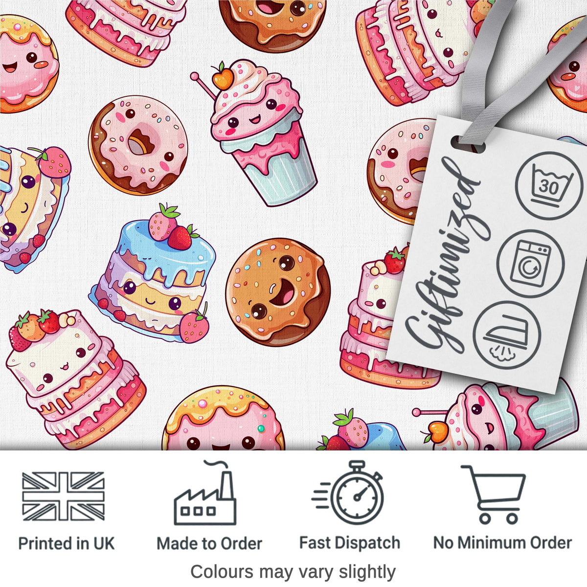Cute Kawaii Donuts Cakes and Cupcakes with Smiling Faces Seamless Pattern Digital Print Fabric by the Metre UK Sewing Quilting Textile