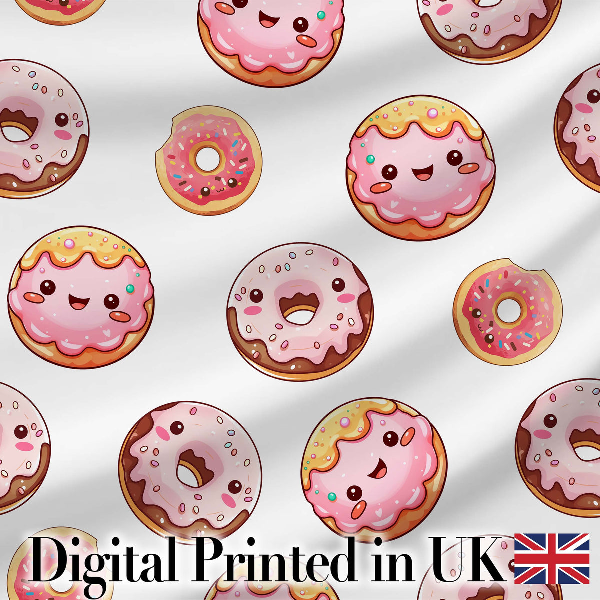 Cute Pink Donuts with Sprinkles and Happy Faces Seamless Pattern Digital Print Fabric by the Metre UK Sewing Quilting Textile