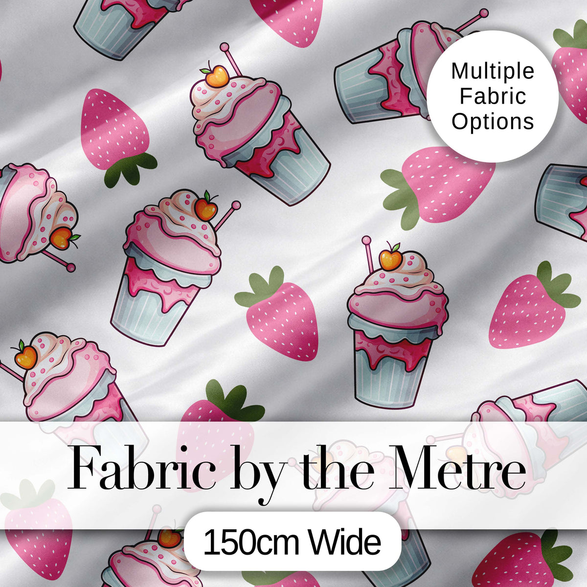 Cute Strawberry Cupcakes and Dessert Drinks Kawaii Style Seamless Pattern Digital Print Fabric by the Metre UK Sewing Quilting Textile