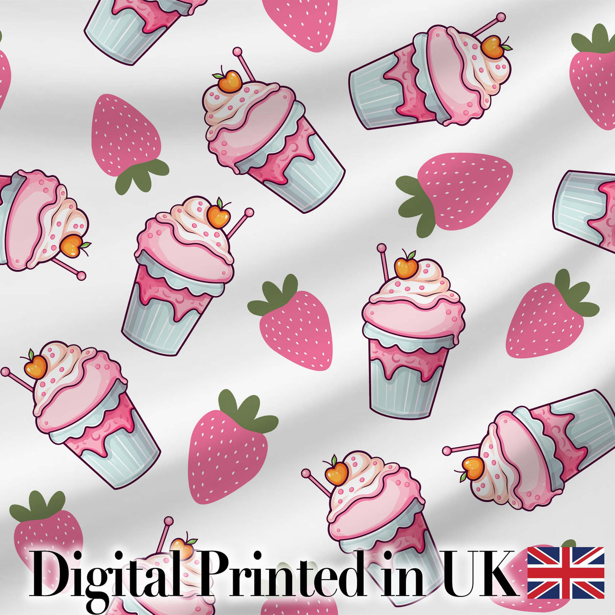 Cute Strawberry Cupcakes and Dessert Drinks Kawaii Style Seamless Pattern Digital Print Fabric by the Metre UK Sewing Quilting Textile
